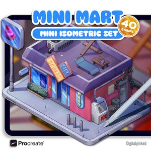 Puede incluir: Ilustración isométrica de un minimercado, con un edificio rojo y morado con letreros que dicen "Snacks" y "Side". La imagen incluye el texto "Mini Mart" y "Mini Isometric Set". Un lápiz digital está en primer plano.