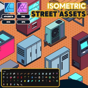 May include: Isometric illustrations of various street assets, including a vending machine, a refrigerator, an ATM, and a bench. The assets are in a variety of colors, including red, blue, green, and yellow. The image also includes a small window showing a grid of additional assets.