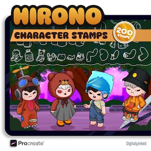 May include: A digital graphic featuring the text HIRONO CHARACTER STAMPS and 200 STAMPS. The image displays four cartoon characters in various outfits, including a pilot suit, a bear costume, blue headwear, and a black hat with an orange hoodie.