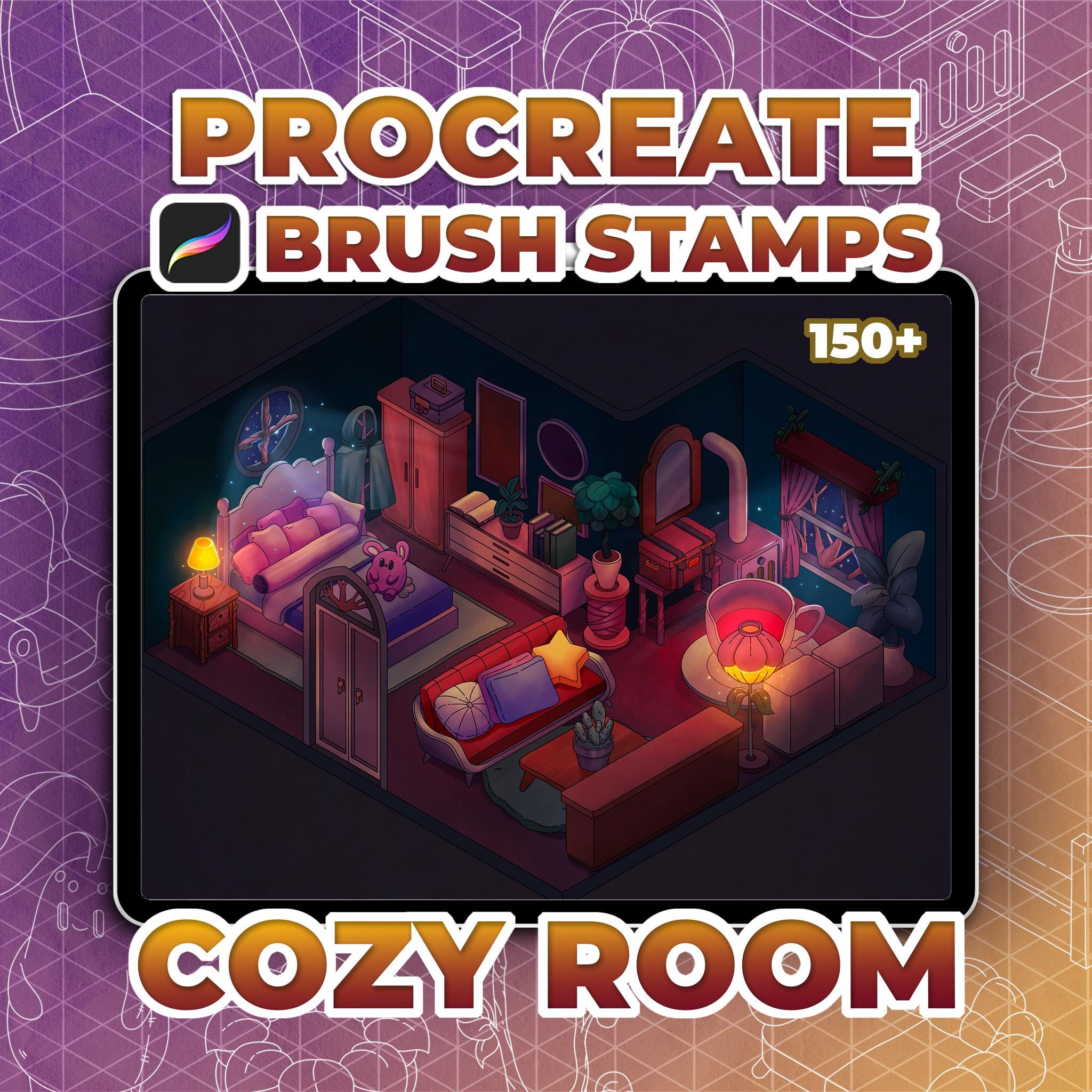 Stamps Isométricos Cozy Room para Procreate — 150+ Pinceles de Diseño de Interiores para iPad | Descarga Digital Instantánea