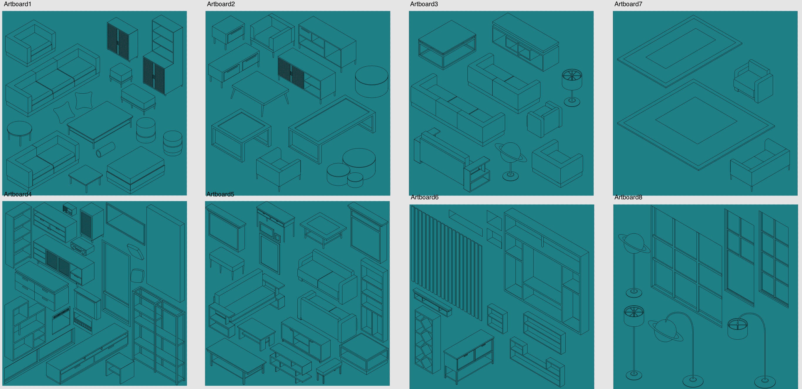 Procreate Isometric Living Room Stamps – 100+ Modern Furniture & Home ...