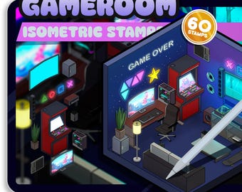 Isometric Game Room Brush Stamp Set: Procreate & Photoshop (Instant Download)