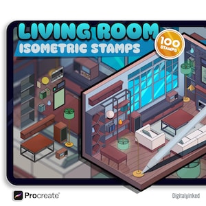 Tampons de salon isométriques Procreate - Plus de 100 pinceaux pour meubles et décoration d'intérieur modernes pour la création de scènes