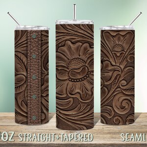 Tooled leather 20oz Skinny Tumbler Wrap Sublimation Design, Instant Download Seamless PNG, Rustic Cowgirl, Western, Brown floral tooling