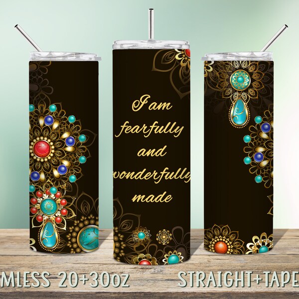 Psalm 139:14, Christian Tumbler Sublimation Design für 20oz-30oz Skinny Tumbler, Instant Download Seamless PNG, teal schmuck ornamente