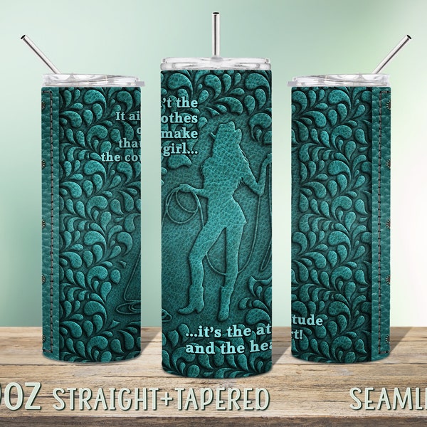 Cowgirl with Lariat Tooled Leather tumbler wrap, western turqoise teal seamless design for 20oz Skinny Tumbler Sublimation Farmer's life 173