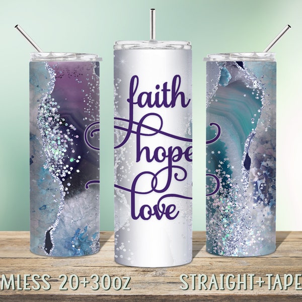 Christian Tumbler Sublimation Design for 20oz-30oz Skinny Tumbler, Instant Download Seamless PNG, Bible Verse, Faith Love Hope, Turquoise