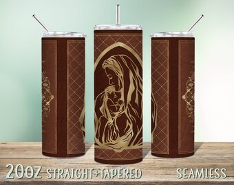 Virgen y Niño Jesús Christian Tumbler Sublimation Wrap Design, 20oz Skinny Tumbler, descarga instantánea PNG sin costuras, cuero de la cubierta del libro de oro