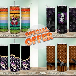 May include: Set of six 20oz straight tapered tumblers with various designs. The designs include a skull with a sombrero, bats and skulls, and a skull with flowers. The tumblers are perfect for everyday use or special occasions.
