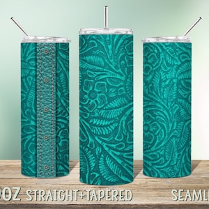Tooled leather 20oz Skinny Tumbler Wrap Sublimation Design, Instant Download Seamless PNG, Rustic Cowgirl, Western, Turquoise floral tooling
