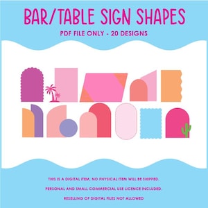 Puede incluir: Veinte formas de letreros imprimibles para un bar o restaurante. Las formas son de varios colores, incluyendo rosa, naranja, morado y azul. Las formas incluyen un círculo, un rectángulo, un óvalo y varios arcos.