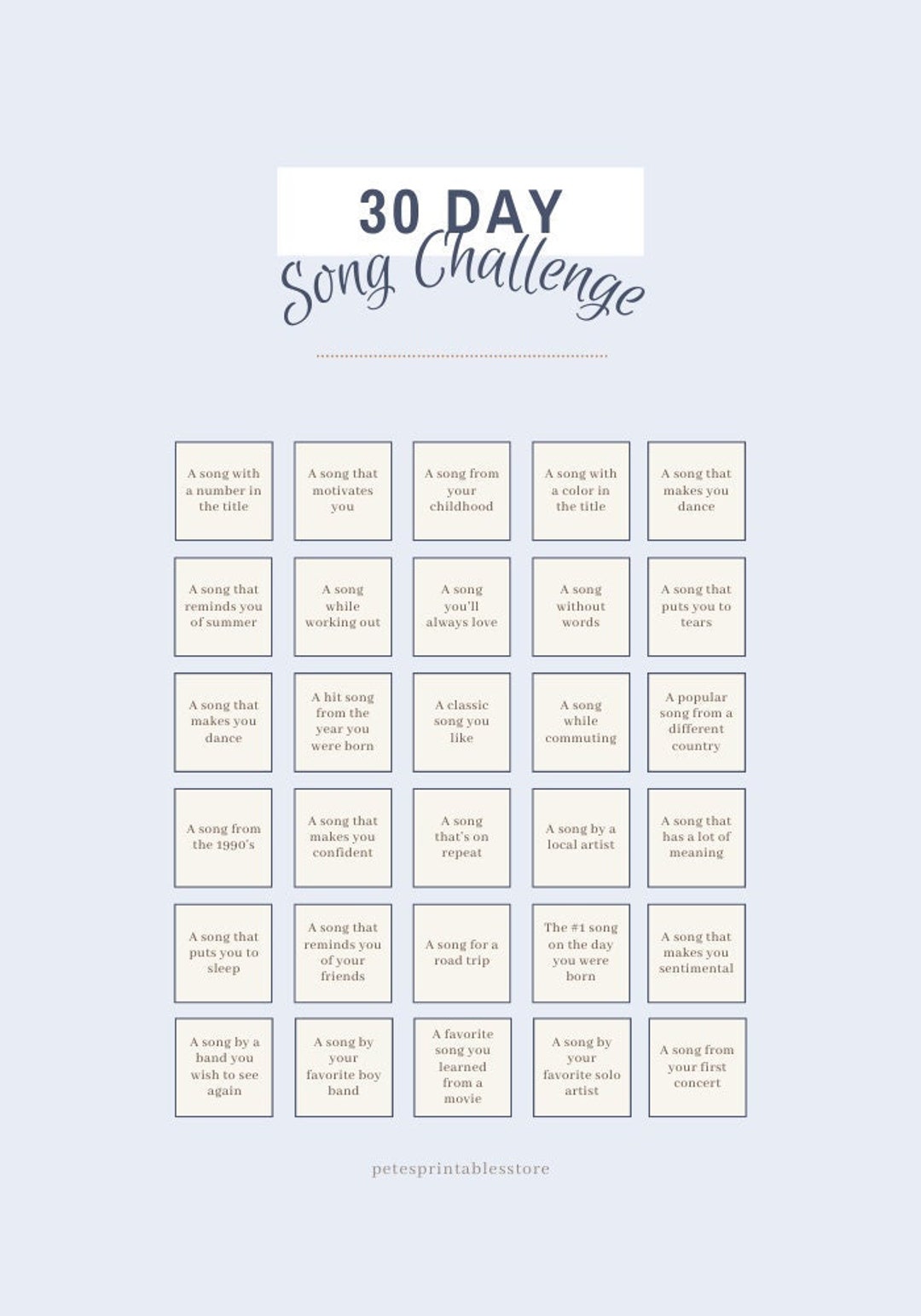 30 Day Song Challenge Printable Social Digital PDF Etsy