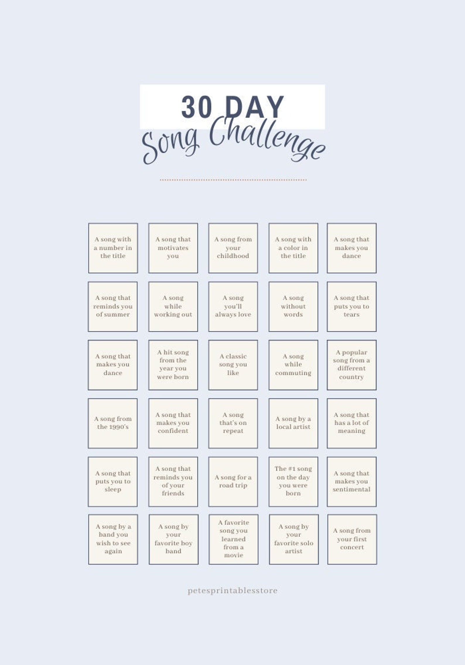 30 Day Song Challenge, Printable, Social, Digital, PDF Etsy