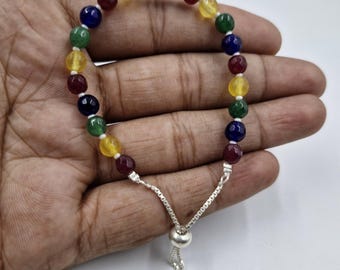 Multi Color Jade Bracelet, Sterling Silver, Gemstone Bead Bracelet