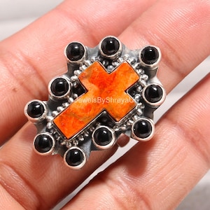 Red Coral black onyx Handcrafted Ring 925 Sterling Silver Orange Stone Fancy Shape Jewelry