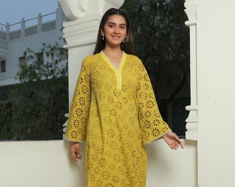 Handmade Clothing, Yellow Iris Two Piece Suit, Salwar Kameez Gift for Her, Summer Dress