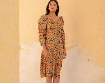 Floral Print Mustard Dress, Long Sleeve Cotton Midi Dress, Cotton One Piece, Gift for Girlfriend