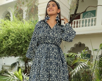 Stylish Collar Skater Dress, Blue Print Cotton Dress, One Piece Midi Dress for Girls, Casual Outfit for Ladies