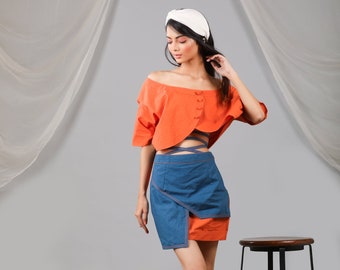 Stylish Brunt Orange Shrug Set, Short Blouse With Short Flap Skirt, Summer Clothing, Birthday Gift