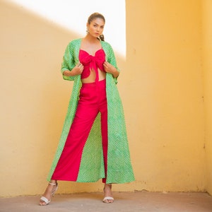 Stylish Three Piece Cotton Dress, Green Lehriya Jacket Pink Top, Trouser, Casual Dress image 1
