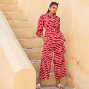 Cotton Two Piece Set, Woman Red Printed Cotton Two Pieces Set, Casual Button Up Full Sleeves Shirt, Mid Waisted Flare Trousers Pant Suit