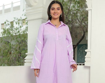 Aesthetic Blossom Lilac Cotton Dress Set, Light Pink Collar Kurta With Capri Trouser, Salwar Kameez