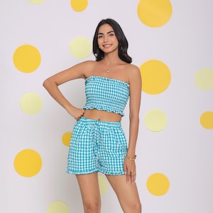 White and Aqua Blue Summer Fitted Tube Resort wear Crop Top|Geometric Print Handmade Ready-To-Wear Tube Top