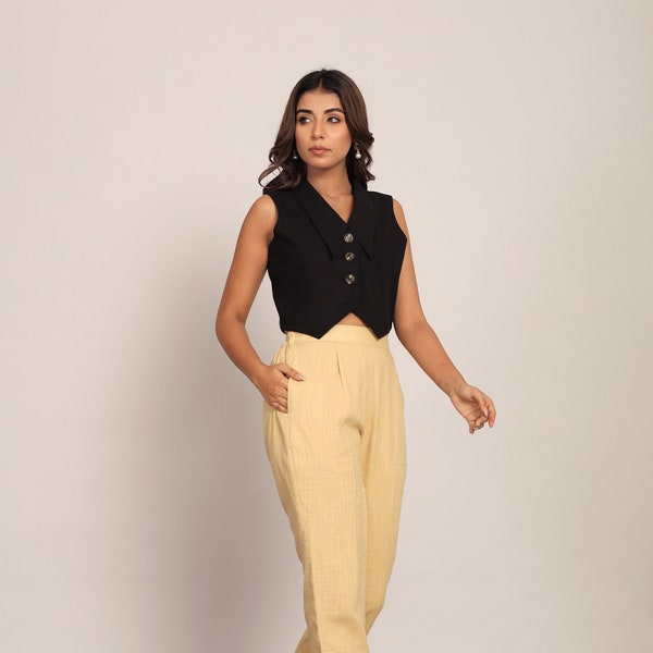 Summer Waist Coat Black Top, High Waist Beige Pants, Soft Casual Boho Trousers, Linen Two Piece Set, Resort Summer Outfit, Formal Dresses