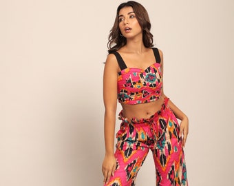 Pink and Multi Geometric Pants Women Cotton Formal Pockets Elastic Trouser Relaxed Style Unique Palazzo Linen Beach Resort Wear Boho Trouser