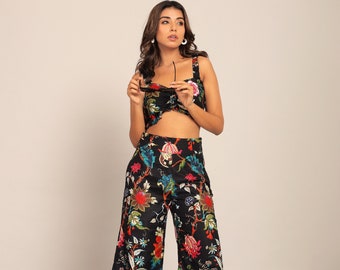 Pantalon évasé floral noir et multicolore Pantalon large unique en lin, coton doux, poche palazzo, pantalon bohème décontracté ample, pantalon d'été décontracté