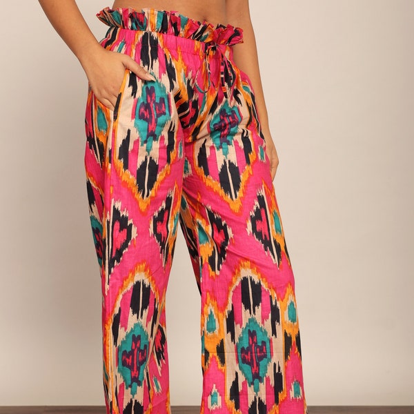 Pink and Multi Geometric Pants Women Cotton Formal Pockets Elastic Trouser Relaxed Style Unique Palazzo Beach Resort Wear Boho Trouser