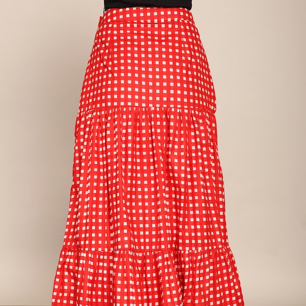 Red Geometric Relaxed Long Skirt Women's Casual Summer Cotton Maxi Skirt Cotton Zipper Closer Formal High Waist Skirt Boho Linen Loose Skirt