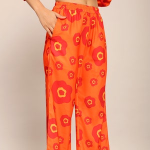 Orange Floral Printed Pants Women Elastic Waist Pockets Trouser Wide Leg Palazzo Relaxed Casual Georgette Summer Pants Resort Wear Outfit
