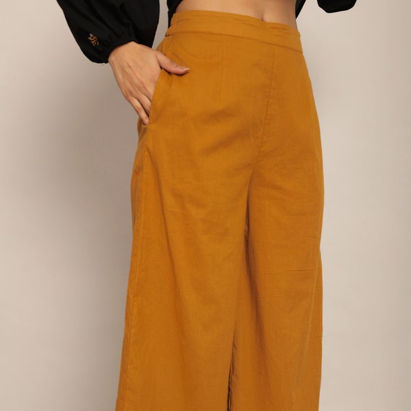 Yellow Solid Straight Pant Formal Unique Palazzo Summer Women Elastic Waist Cotton Pants Soft Casual Loose Boho Trousers Wide Leg Pant