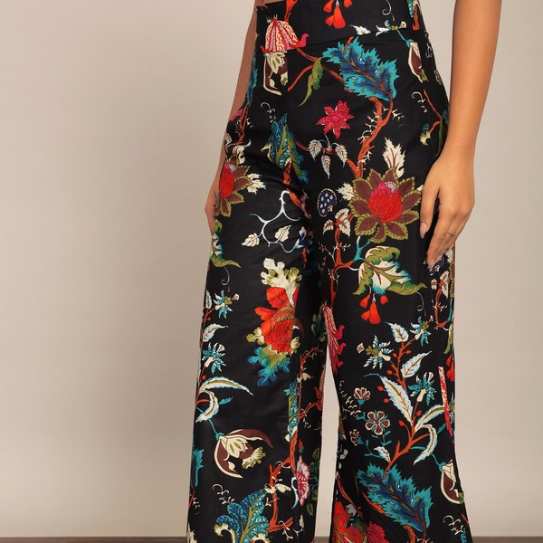 Black & Multicolor Floral Flared Pants Unique Wide Leg Pant Cotton Soft Palazzo Pocket Casual Loose Boho Trouser Summer Relaxed Pants