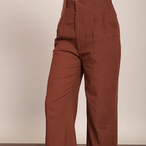 Brown Solid Straight Ankle Length Pants Women Cotton Slub Formal Two Pockets Trouser Relaxed Unique Summer Wide Legs Boho Cotton Trouser