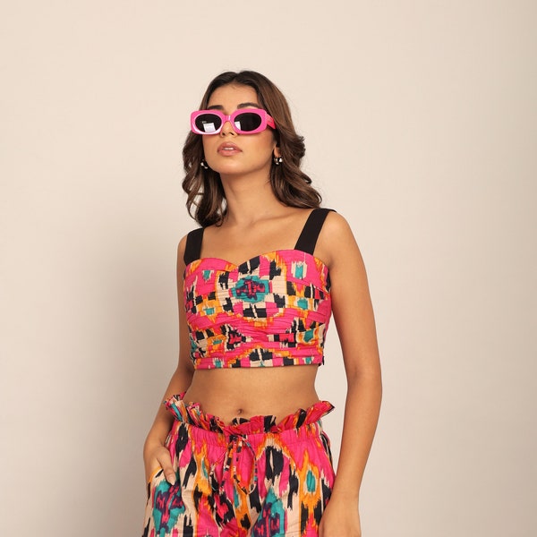 Pink and Multicolor Western Bust Fitted Tops | Casual Cotton Sleeveless Crop Top  Cotton Relaxed Blouse Resort Wear Top Summer Crop Tops