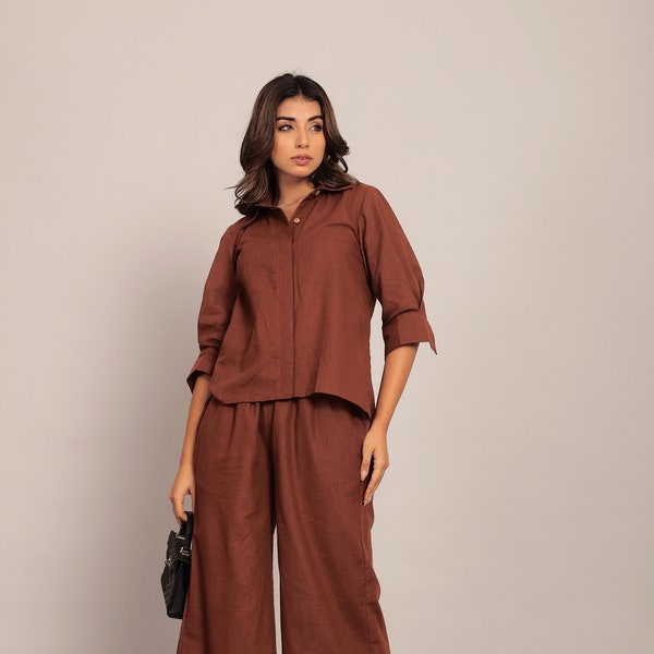 Brown Solid Co-Ord Set, Relaxed Collared Shirt, Casual Loose Boho Pant, Linen Two Piece Set Summer Outfit, Dress For Women, Linen Formal Set