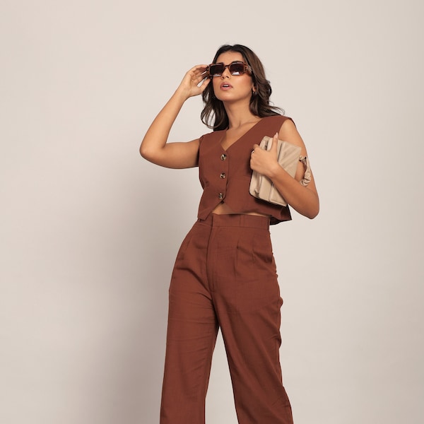 Brown Solid Co-Ord Sets, Relaxed Waist Coat Top, High Waist Pants, Two Piece Cotton Set Formal Dresses Summer Outfit Linen Crop Top Pant Set