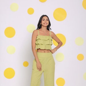 Light Green Layered Crop Top and High Waist Pant Summer Relaxed Linen Co-ord Set|Sleeveless Linen Top, Spaghetti Strap Top