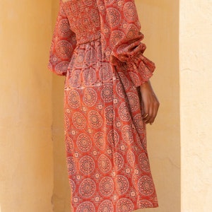 Handmade Cotton Midi Dress, Orange bell sleeve dress for Ladies, Off Shoulder Floral Print Dress, Gift for Women image 5
