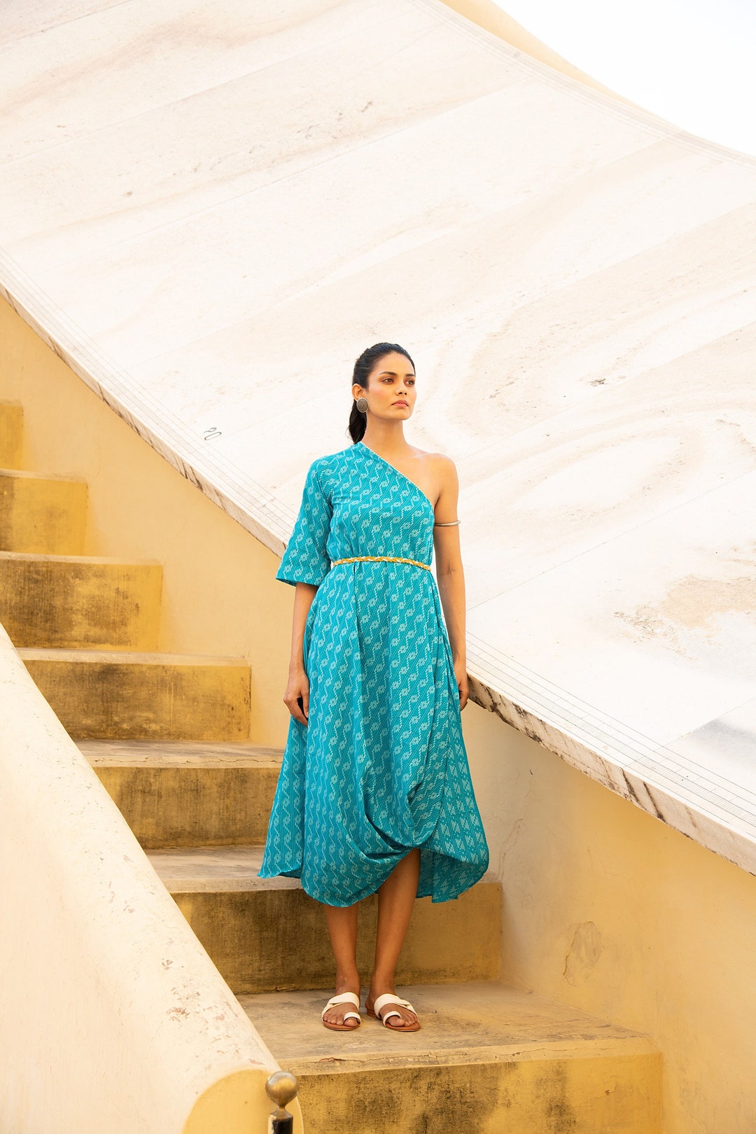 Aesthetic Blue Kaftan Dress, One Shoulder Cotton Dress, Dress for