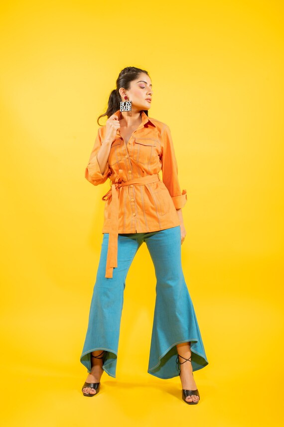 Orange Shirt Jacket With Pockets, High Waist Denim Pants, Two
