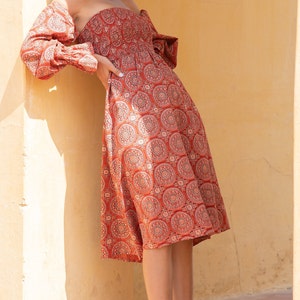 Handmade Cotton Midi Dress, Orange bell sleeve dress for Ladies, Off Shoulder Floral Print Dress, Gift for Women image 2