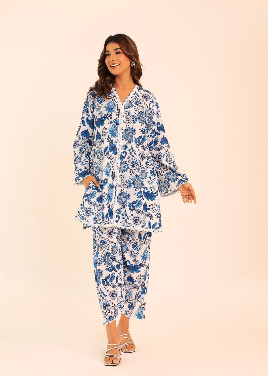 Moon White & blue Pure Cotton Floral Print Office Wear Coord set main image 1