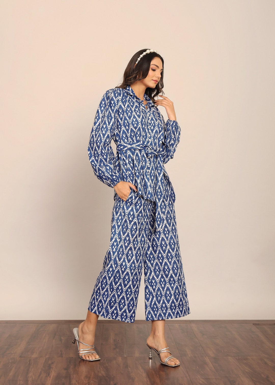 Blue & White Striped Cotton Three-Piece Co-Ord Set for Women | Shirt, Shorts & Crop Inner Set