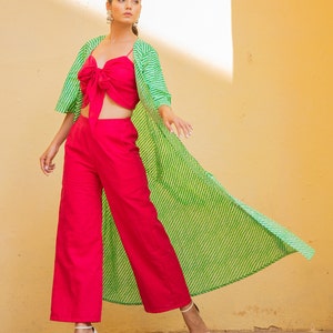 Stylish Three Piece Cotton Dress, Green Lehriya Jacket Pink Top, Trouser, Casual Dress image 3