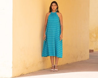 Handmade Long Midi Dress, Sleeveless Kantha Print Blue Dress, One Piece Cotton Dress for Ladies, Gift for Wife