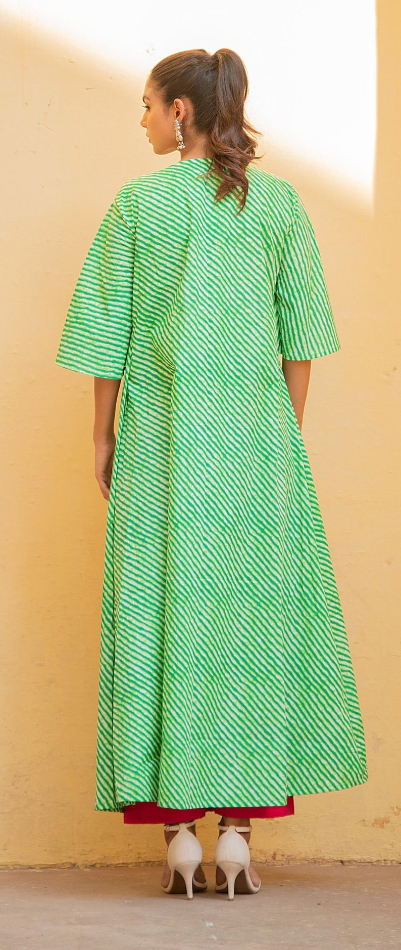 Stylish Three Piece Cotton Dress, Green Lehriya Jacket Pink Top, Trouser, Casual Dress image 2