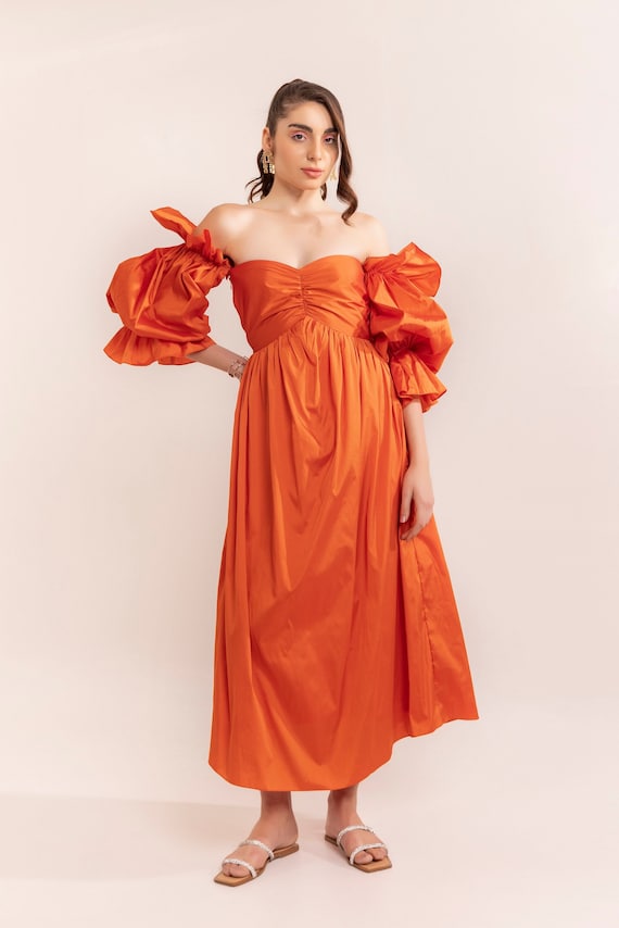 Herfst zonsondergang off-shoulder maxi-jurk met ruches mouwen